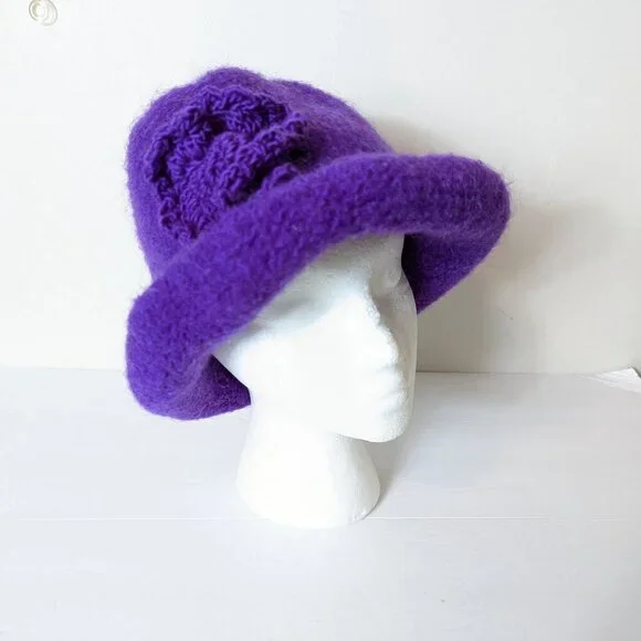 Handmade Boho Bucket Hat Knit Flower Curled Brim Purple Retro‎ Old Timey Vintage - Picture 7 of 7